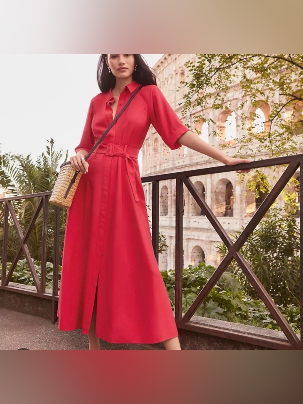 LOFT Red Belted Shirt Dress Size 10 Midi Utility Career Chic